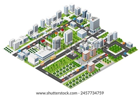 Isometric set module city with skyscraper from urban building vector architecture. Modern illustration for design game and business shape background