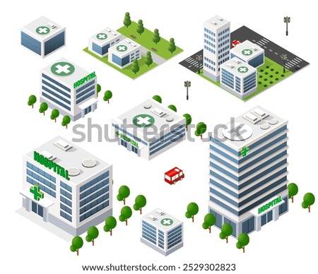 Set of isolated isometric hospital buildings of different sizes and shapes, with surrounding greenery, representing clinic architecture