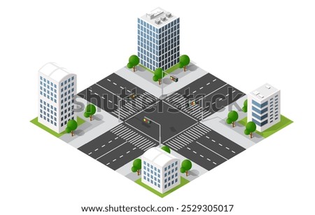 This isometric illustration shows a city intersection with traffic lights, crosswalks, and buildings, representing urban planning and infrastructure