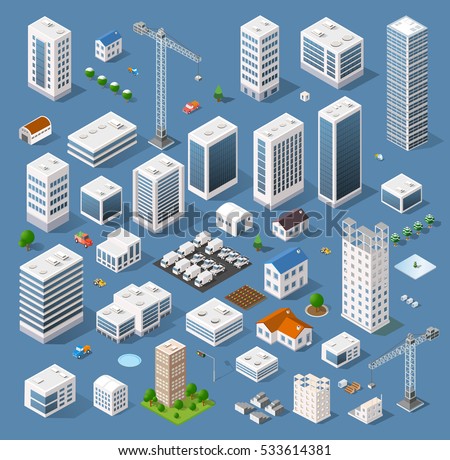 Industrial set of 3D isometric projection of dimensional houses, buildings, cranes, cars and many other design elements necessary creative designers 