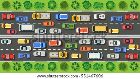 Road top view with highways many different vehicles. Map of cars traffic jam and urban transport. City infrastructure with transportation design elements 