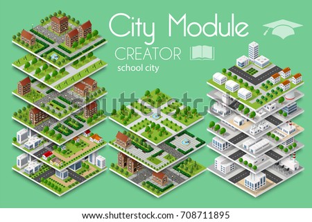 City module creator isometric concept of urban infrastructure business. Vector building illustration of school university education of  elements architecture, home, construction, block and park