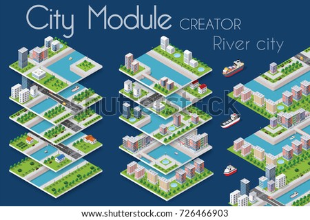 City module creator isometric concept of urban infrastructure business. Vector building illustration of river embankment with bridges of elements architecture, home, construction, block and park