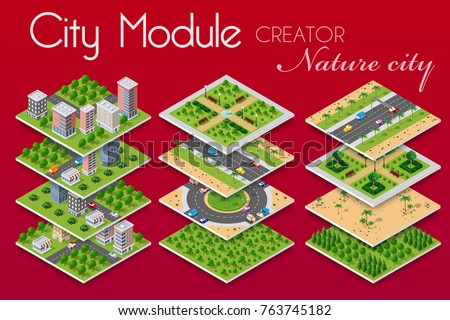 City module builder constructor isometric concept of urban infrastructure business. Vector building illustration of natural park alley square with with trees, benches, paths and lawns