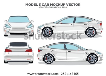 Realistic electric car vector mock up for car branding on white background. View from side, front, back