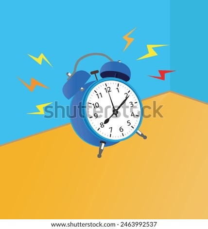 The blue alarm clock sounds, indicating that it is time for activity. Background image in the corner of the room, blue walls, brown table