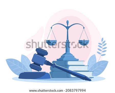 Court and justice law concept. Services of a lawyer, attorney or notary. Law and protection of business interests in court. Scales and gavel of the judge. Colored vector isolated on white background.