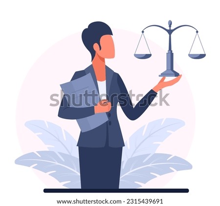 A business woman in a suit lawyer, attorney, judge, notary holds scales. The concept court and justice, legal services of a lawyer, notary. Vector illustration.