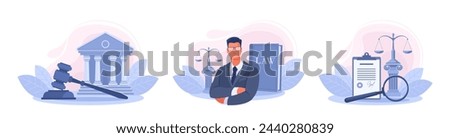 A set of illustrations on the theme of law, justice, legal services of a lawyer and defense in court. Man in a suit, courthouse, scales, law book, contract, gavel, magnifying glass. Blue vector banner