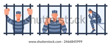 A man in prison clothes is behind bars in a prison, under arrest. Set of illustrations about prison, imprisonment, arrest, crime, trial and sentence. Vector illustration in blue.