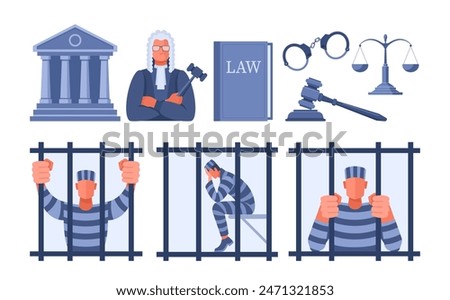 A set of illustrations about law and justice, court and arrest, judge and prisoner in prison. The concept of fighting crime, crime and punishment. Vector blue and gray color.