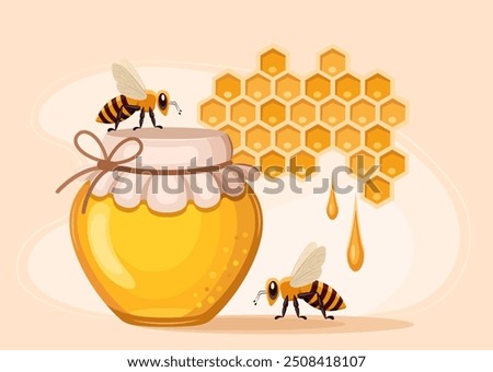 Jar with honey, bee, honeycomb and drops of honey. Concept of honey production and sale, advertising banner, label for honey trade, proper nutrition and healthy lifestyle. Vector illustration.