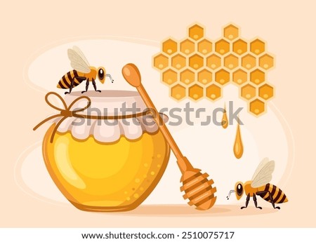 Jar with honey, spoon, bee and honeycomb with drops of honey. Concept of production and sale of honey, nutrition and healthy lifestyle. Advertising banner, label for honey trade. Vector illustration.