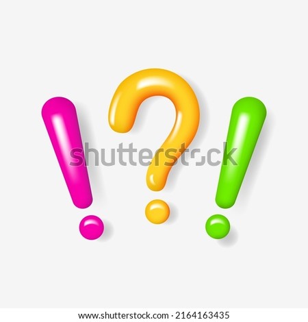 Question sign and exclamation signs in different colors. 3D icon design of punctuation marks