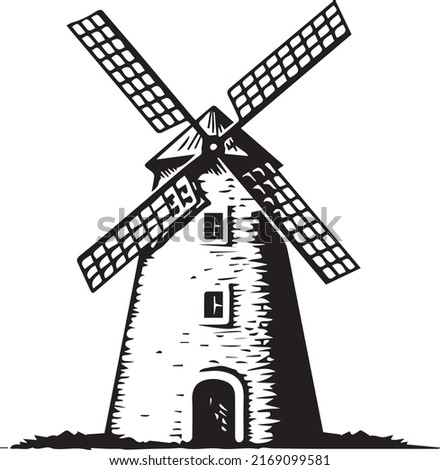 German landmark retro windmill isolated outline icon.
Vector rural countryside traditional Dutch stone mill, Netherland wooden windmill, Holland building for millstones grain, flour, bread processing