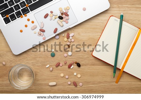Close-up pills on computer keyboard, concept online selling pills