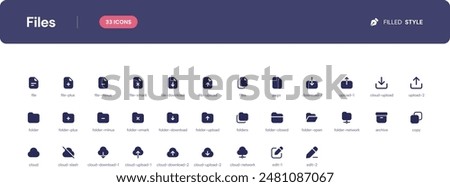 Files icon set. Essential UI Icons Set in Filled Style. The set consists of essential and commonly-used icons that every UI designer needs.