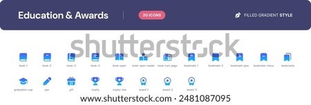 Education and Awards icon set. Essential UI Icons Set in Filled Gradient Style. The set consists of essential and commonly-used icons that every UI designer needs.