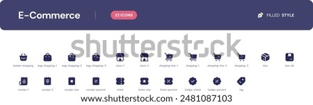 E-Commerce icon set. Essential UI Icons Set in Filled Style. The set consists of essential and commonly-used icons that every UI designer needs.