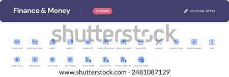 Finance and Money icon set. Essential UI Icons Set in Duotone Style. The set consists of essential and commonly-used icons that every UI designer needs.