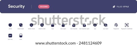Security icon set. Essential UI Icons Set in Filled Style. The set consists of essential and commonly-used icons that every UI designer needs.