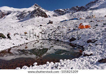 MENDOZA, ARGENTINA  - JAN 14: Plaza de Mulas base camp covered of snow in summer. This year, 35,000 people faced the mountain intend to get the summit. Jan 14, 2012 in Aconcagua Mount, Mendoza, Argentina.