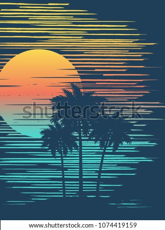 Sunset on tropical beach with palm tree. Sun over evening sea. Vector illustration.