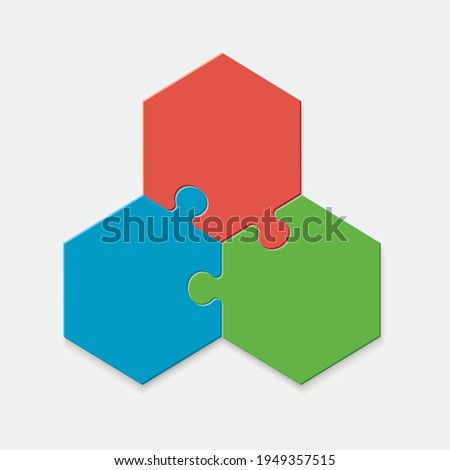 Three pieces of a hexagon puzzle. Hexagonal mosaic infographics.