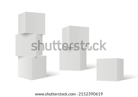 Three 3D stacked cubes. Column of white cubes. Geometric shapes background.