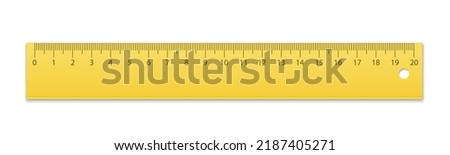 Mockup plastic yellow measuring ruler. Measuring tool with ruler scale. School measuring equipment.