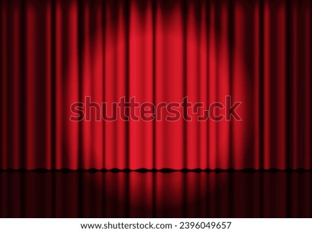 Red curtain background. Spotlight on stage curtain. Theatrical drapes. Wavy velvet background.