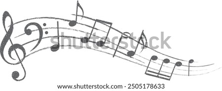 Musical notes. Treble clef on sheet music. Musical note icons in grunge style.