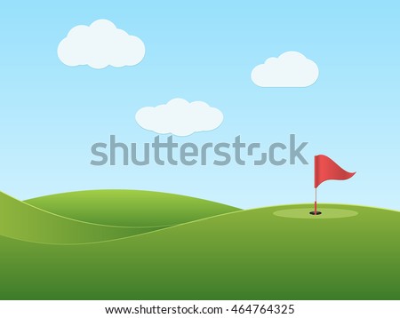 Golf course with hole and red flag. Vector illustration.