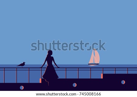 Woman is standing on pier and see off sailboat to sea. Vector illustration.