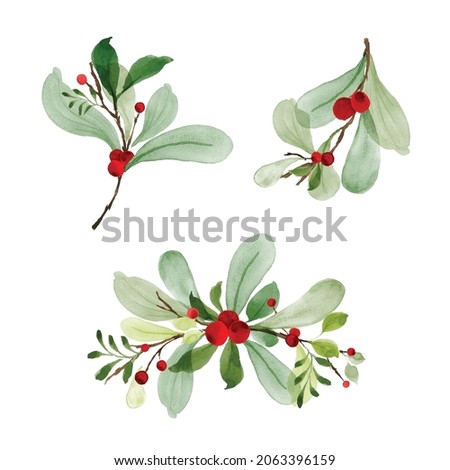 Christmas watercolor of bouquet berries and green leaves arrangings set. Hand-painted watercolor elements suitable for decorative Christmas festival, New year invitations, or greeting cards.