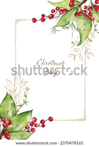 Christmas card template with watercolor berry bouquet and golden leaves. Hand-painted watercolor element suitable for decorative Christmas festival, New year invitations, or greeting cards.