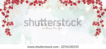 Christmas and winter watercolor natural art background. Berries, gold leaves and pine branches on snow falling with hand-painted watercolor. Suitable for header design, banner, or cards.