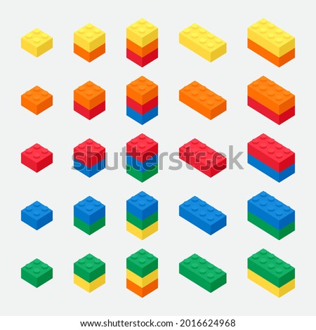 Isometric building brick block toys 3d vector like Lego for children. Colorful bricks toy isolated on background. Part and piece for decorative design and creative.