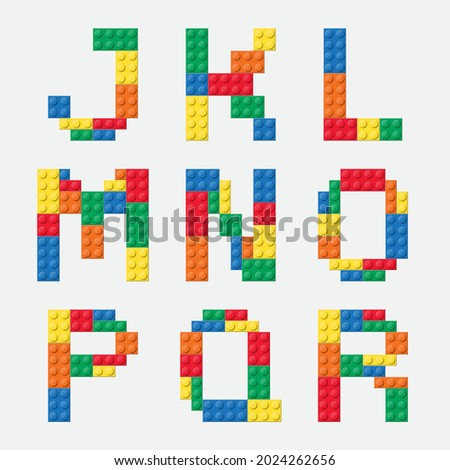 Alphabet from colorful brick block toy like Lego. Letter design for children. Building brick fonts for poster, banner, logo, print for kids.