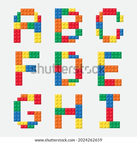 Alphabet from colorful brick block toy, Building bricks font for children poster, Letter design, baby banner, logo, print for kid. vector illustration