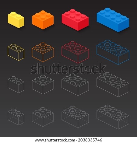 Isometric brick block toys 3d vector, colorful line art platonic building blocks bricks for kid, Brick blocks toy isolated on black background, Part and piece for online shop, Socia media, sale.
