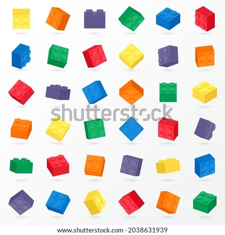 Set of colorful block brick toy element with 3D perspective of building toys for kid flyer, part piece poster, web, ads, online, social media. baby and kids shop, children store, Vector illustration