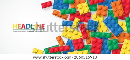 3d Building brick block toys template design for sales promotion. Banner vector toy with colorful block bricks toy background for flyer, poster, web, ads, and social media. Design for baby and kid