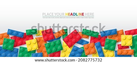 3d Building brick block toys template design for sales promotion. Banner vector toy with colorful block bricks toy background for flyer, poster, web, ads, and social media. Design for baby and kid