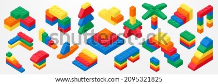 Set of brick block building toys 3d isometric vector illustration for children. Colorful bricks toy isolated on background. Part and piece for decorative design and creative game. Foto stock © 