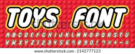 Toys font on red brick block toy background. letters and numbers like Lego for kids. Design for children's party, sale promotion, toy shop,  poster, banner, logo, advertisement. vector illustration