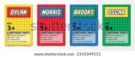 Birthday anniversary greeting cards and kids party invitation templates with brick block toys for children. announcement building toy card vector illustration