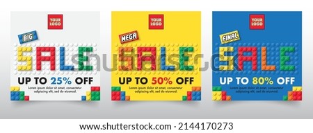 Set of building block toys template design. Banner vector toy element with colorful block bricks toy background for sales promotion, online shop, kid flyer, poster, web, ad and social media.