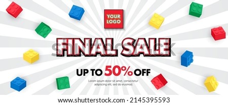 3d Colorful building brick block toys template banner design for sales promotion online for kid flyer, poster, web, ads and social media, post, baby shop and store, discount sale. vector illustration