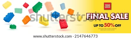 Banner vector toy with colorful block bricks toy like Lego for sales promotion, online shopping, flyer, poster, web, ads, social media, baby and kids shop. Building brick block toys template design